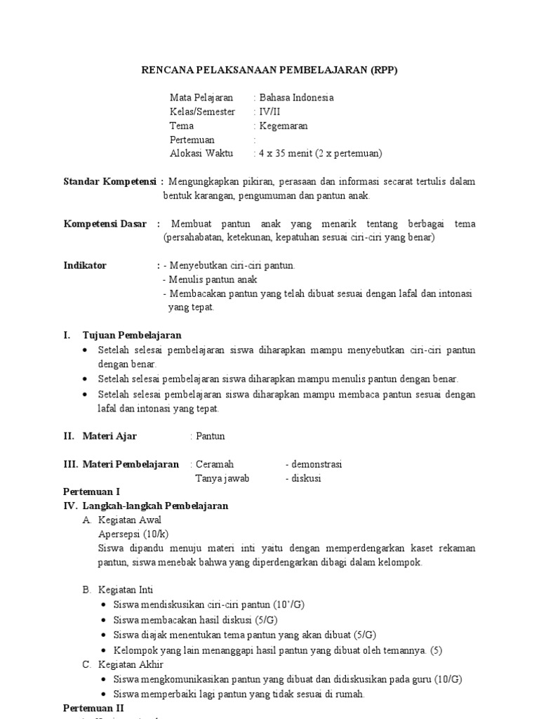 RPP Bhs Indonesia Kelas 4 Semester 2