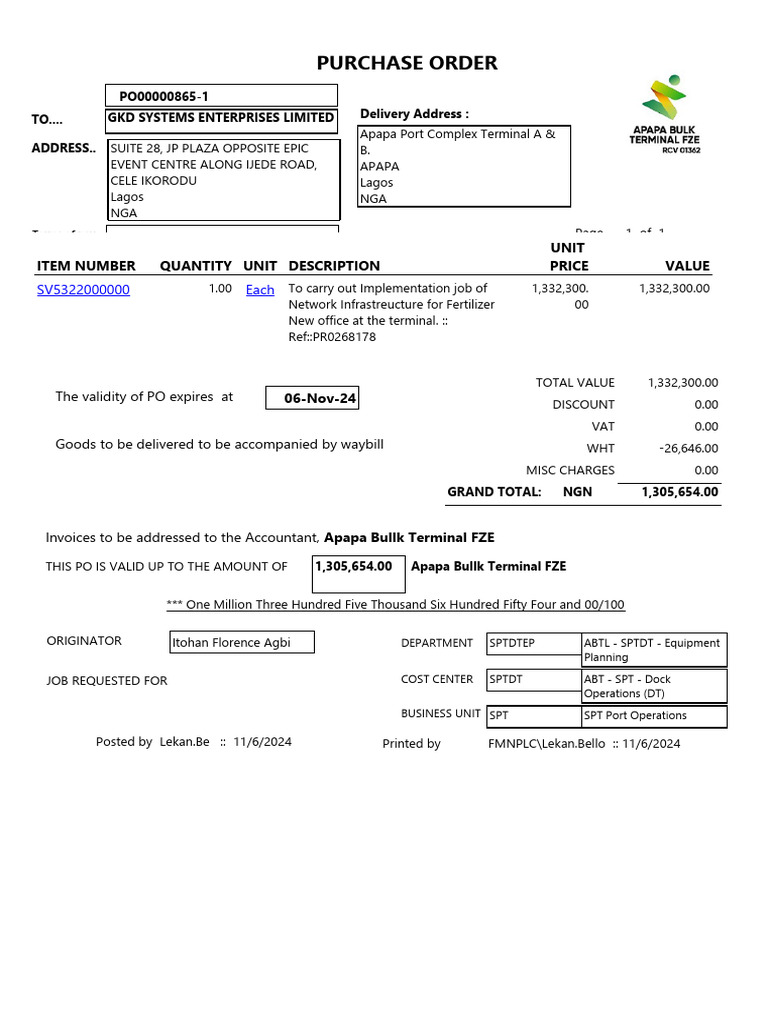 Purchase Order for Network Infrastructure | PDF | Business Documents ...