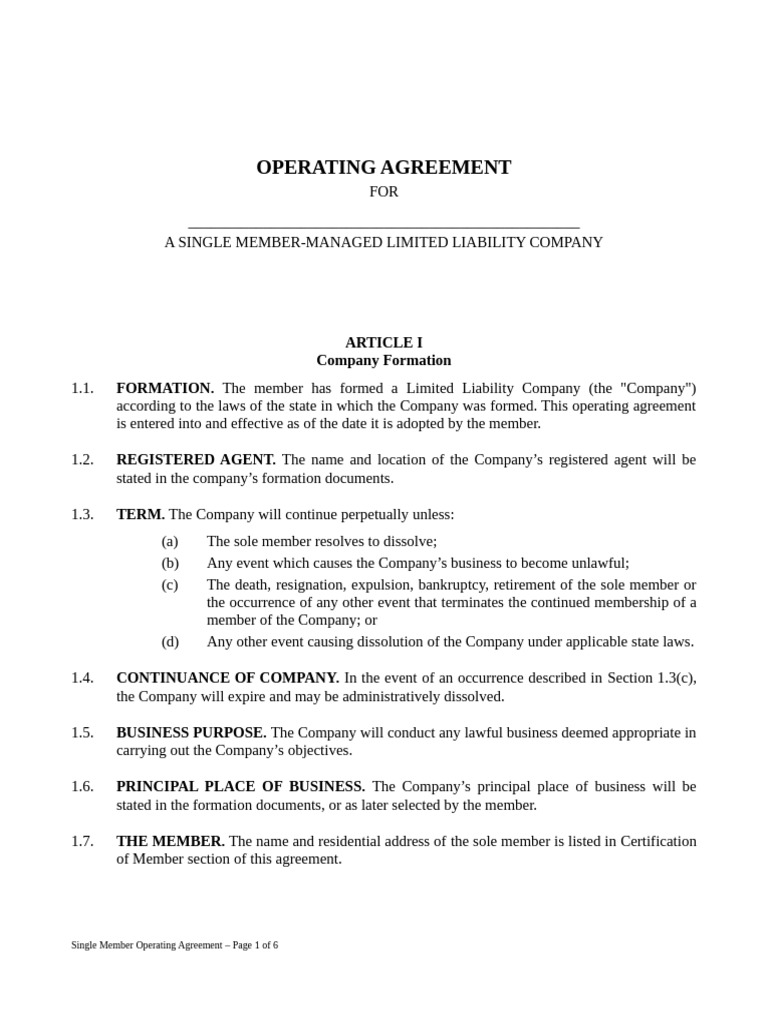 Free Basic Operating Agreement - LLC Single Member BestBrownie | PDF ...
