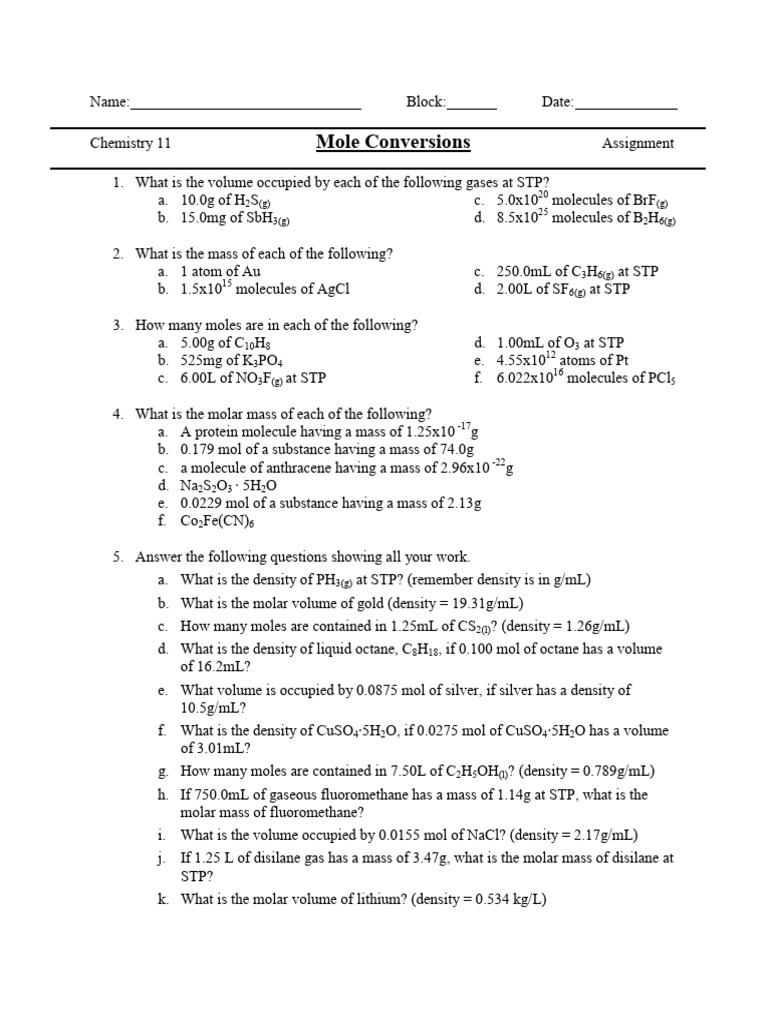Worksheet - Mole Conversions Comprehensive | PDF | Mole (Unit) | Metrology