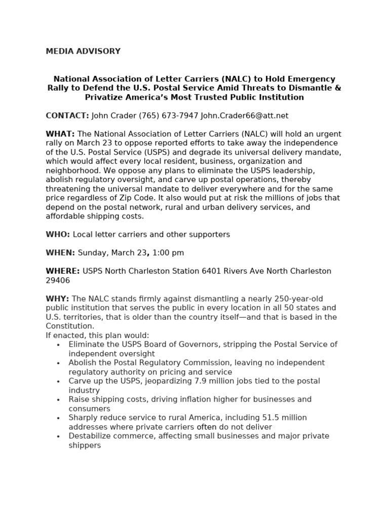 Media Advisory | PDF | United States Postal Service | Freight Transport