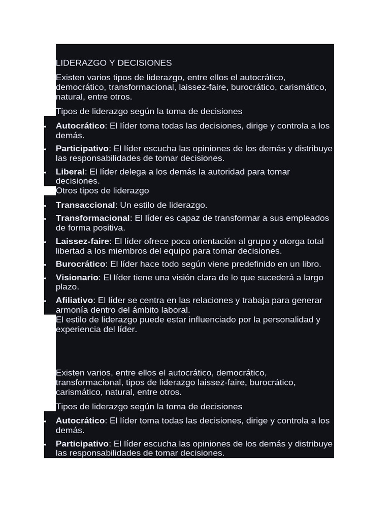 Tipos de Liderazgo y Toma de Decisiones | PDF