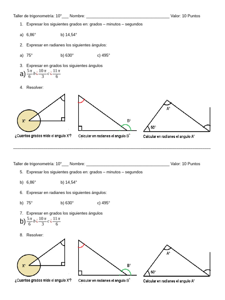 Taller de Trigonometría - 10° - Medidas de Angulos | PDF