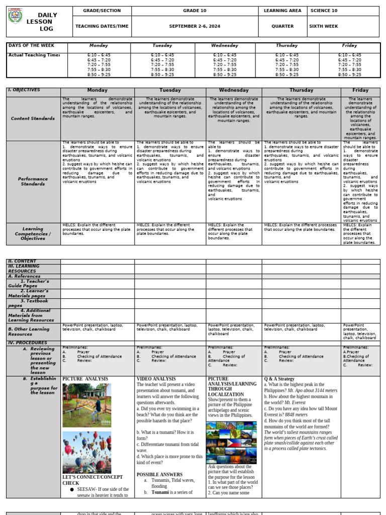 Grade 10 Science Lesson Log: Week 6 | PDF | Plate Tectonics | Volcano