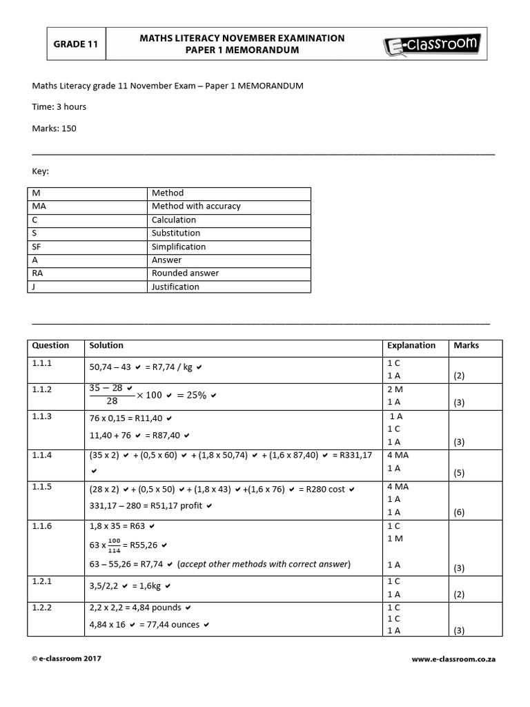 Grade 11 Maths Literacy November Memo | PDF
