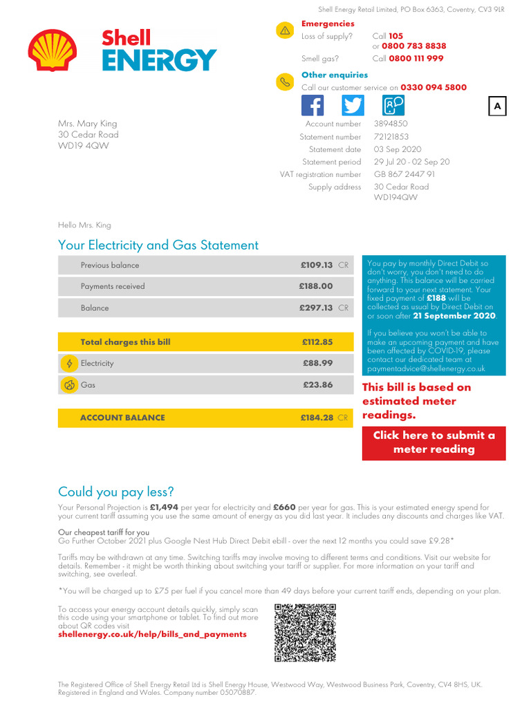 ShellEnergy Bill 72121853 Sept | PDF | Cheque | Payments
