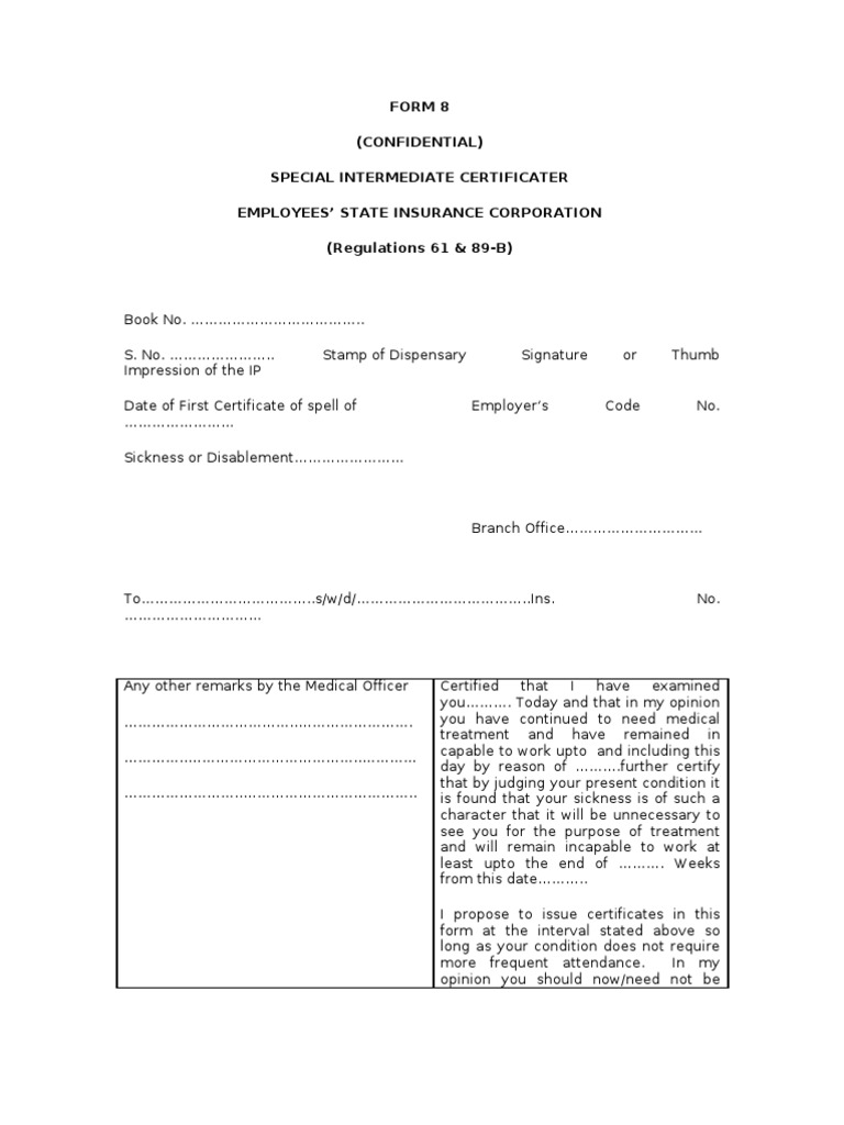 ESIC Form 8 Medical Certificate Template | PDF | Law