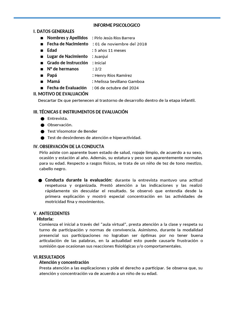 Informe Psicológico Infantil de Pirlo Ríos | PDF | Las emociones ...