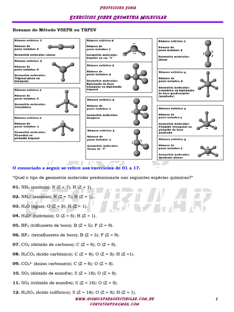 Exercícios de Geometria Molecular VSEPR | PDF | Átomos | Materiais
