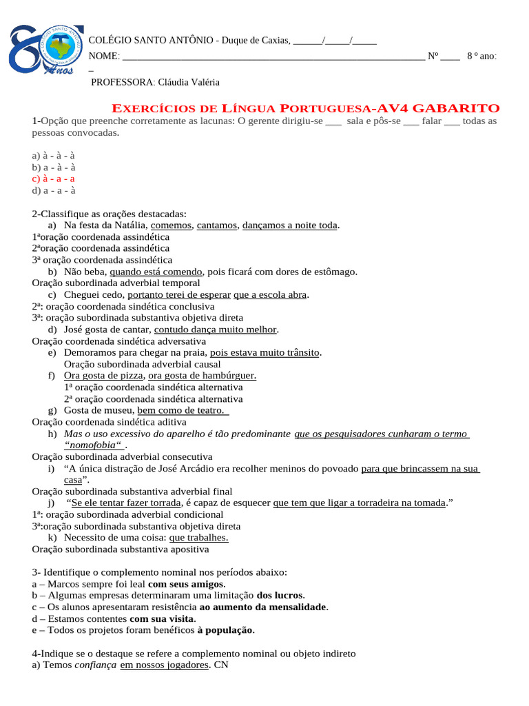 Gabarito Dos Exercícios | PDF | Gramática | Sintaxe