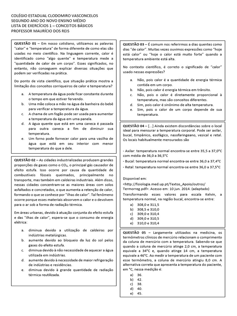 Calorimetria: Exercícios e Conceitos | PDF | Calor | Temperatura