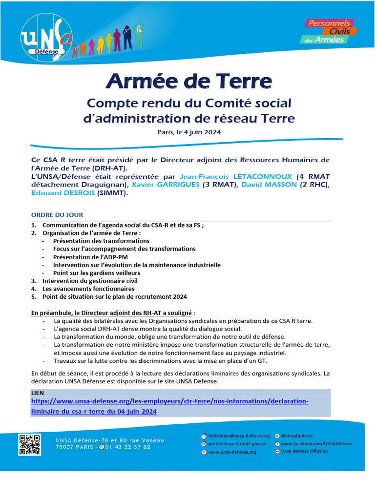 Compte rendu CSA R Terre - 4 juin 2024 | PDF | Forces militaires ...