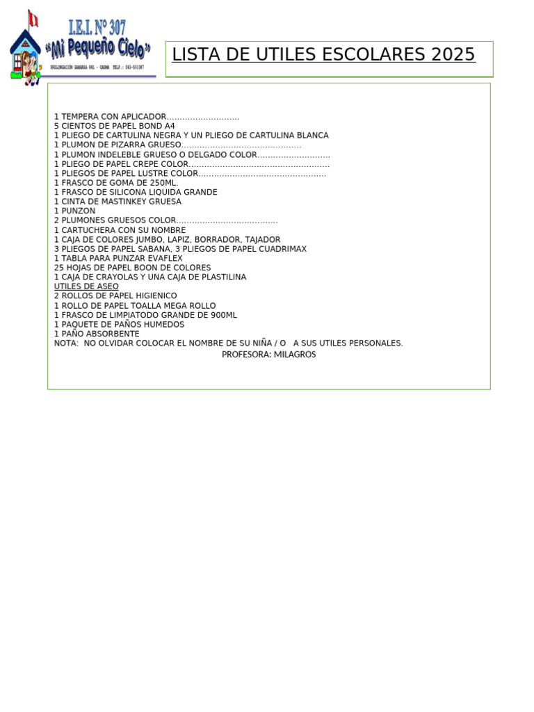 Lista de Útiles Escolares 2025 | PDF