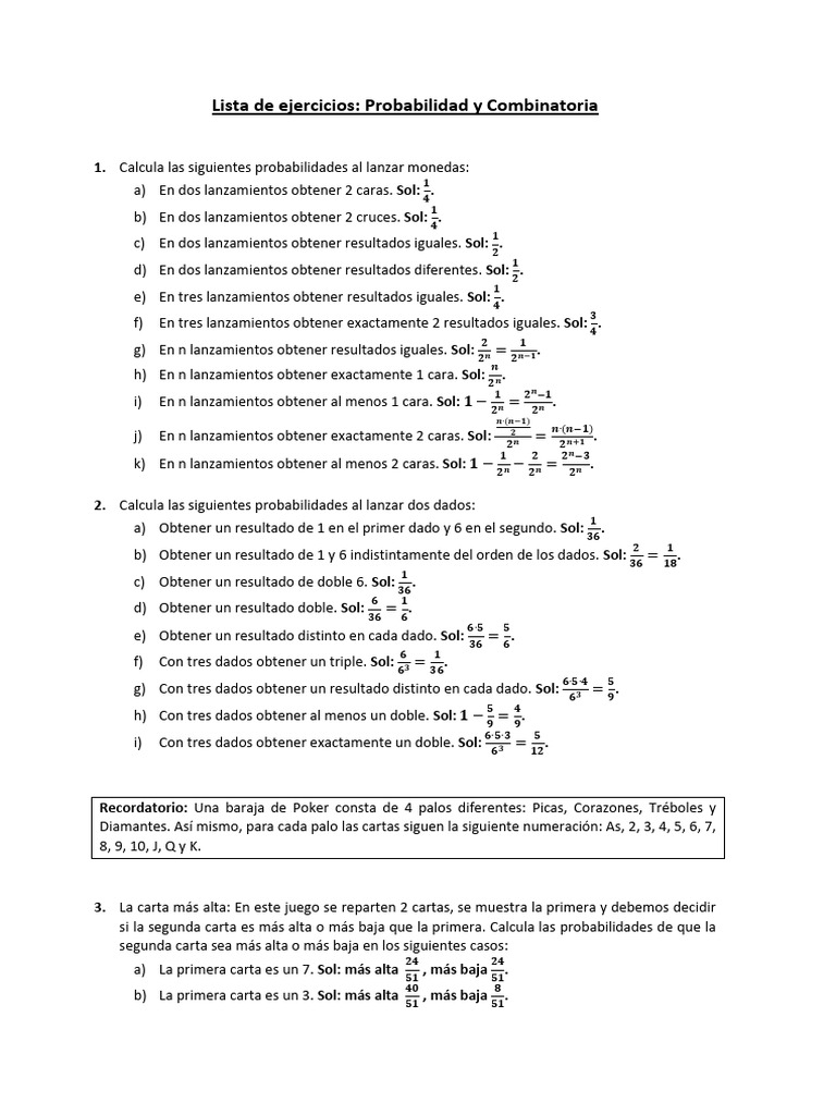 Ejercicios de Probabilidad y Combinatoria | PDF | Jugando a las cartas ...