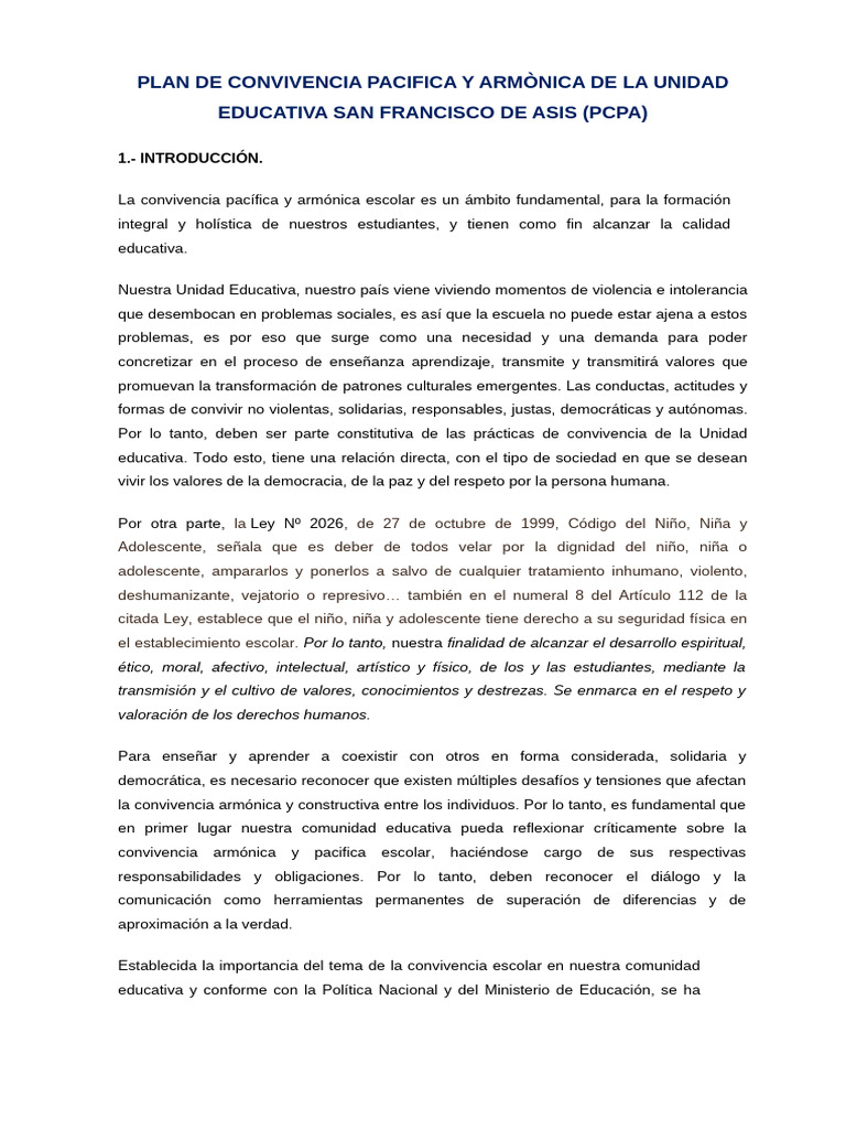 Plan de Convivencia Escolar San Francisco | PDF | Violencia | Aprendizaje