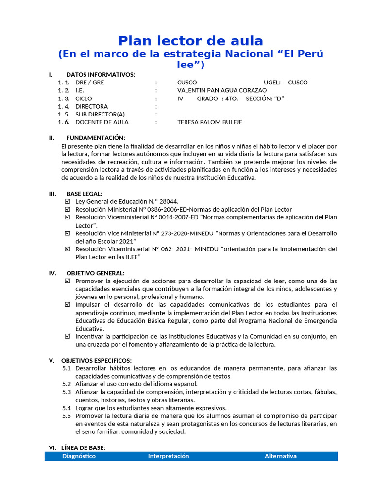 Plan Lector para Aula 4to Grado | PDF | Salón de clases | Maestros