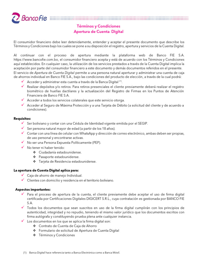 Términos de Apertura Cuenta Digital FIE | PDF | Tarjeta de débito | Bancos