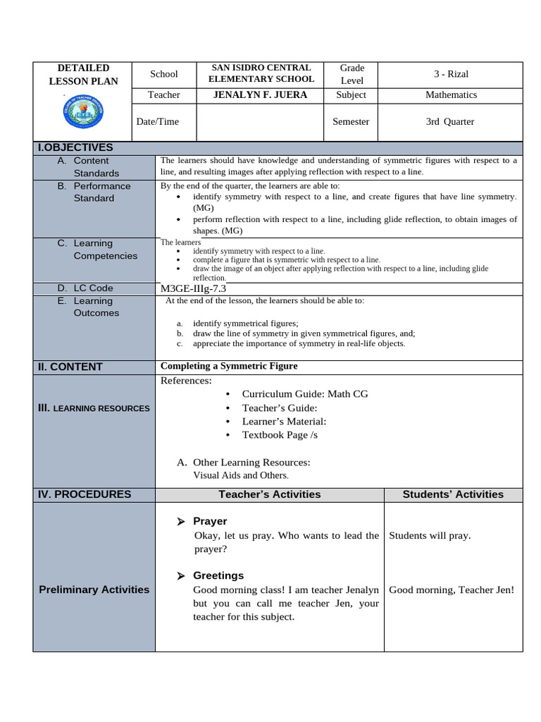 Grade 3 Symmetry Lesson Plan | PDF | Symmetry | Shape