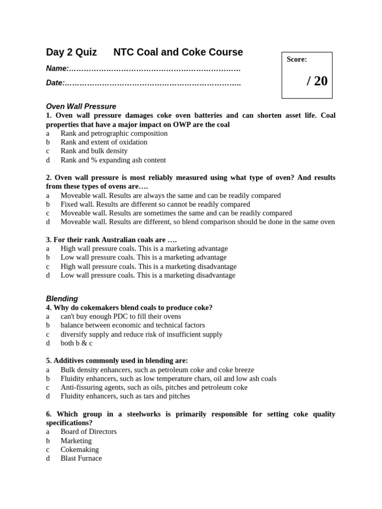 Day 2 Quiz: NTC Coal and Coke Course | PDF | Coke (Fuel) | Coal
