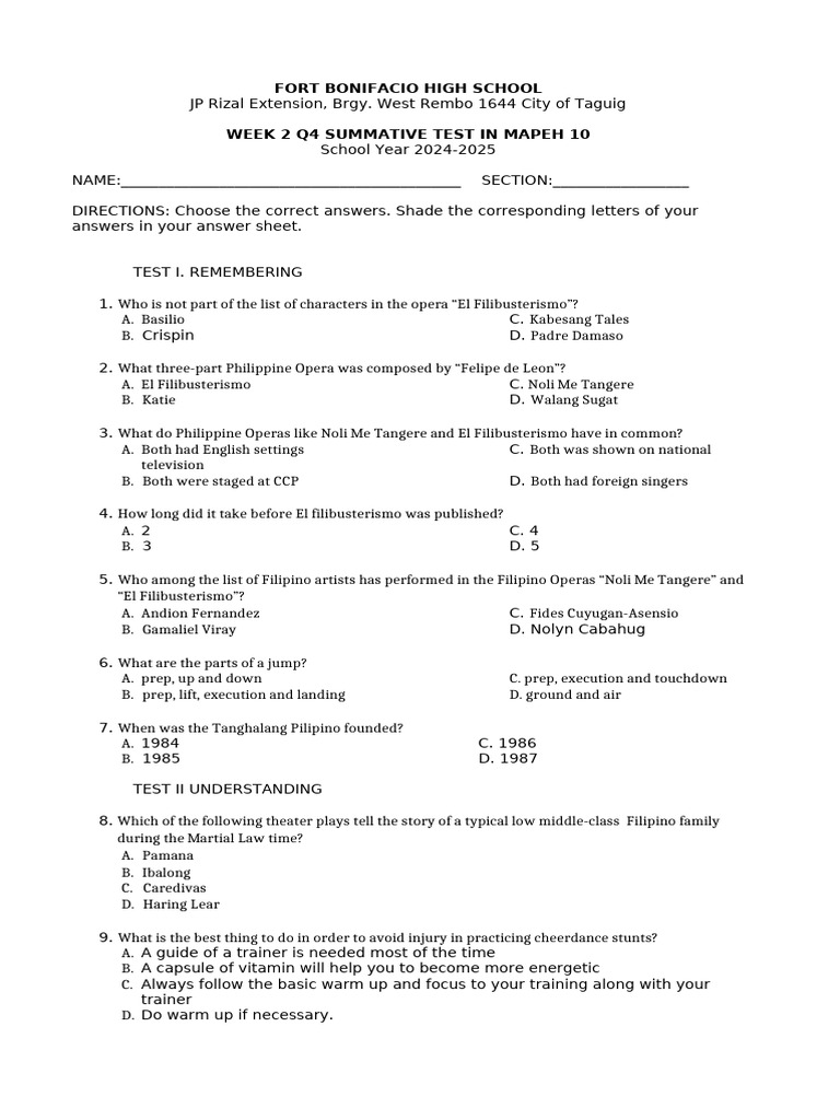 MAPEH 10 Week 2 Summative Test 2024 | PDF