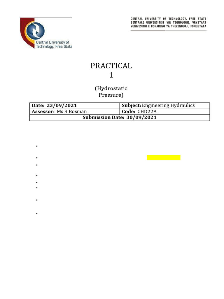 Practical 1 Hydrostatic Pressure Pdf Experiment Metre