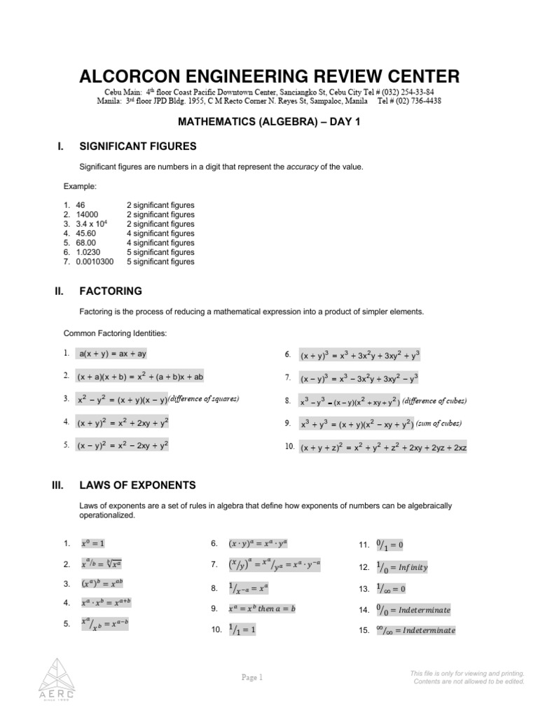 Alcorcon Engineering Math Review | PDF | Quadratic Equation ...