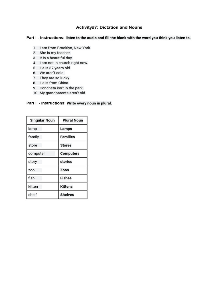 Dictation Exercise: Nouns Practice | PDF