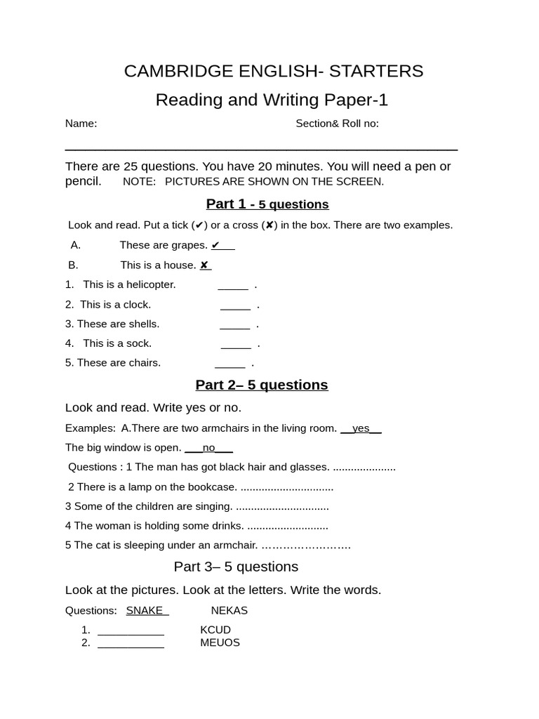 Starters Reading & Writing-1 | PDF