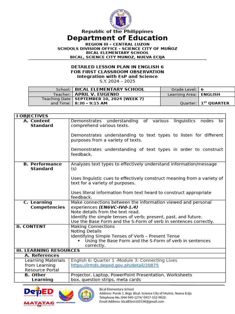 Detailed Lesson Plan for English 6 | PDF | Grammatical Tense | English ...