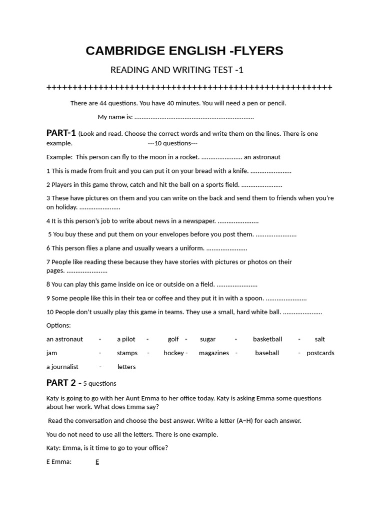 Cambridge Flyers Reading & Writing Test 1 | PDF