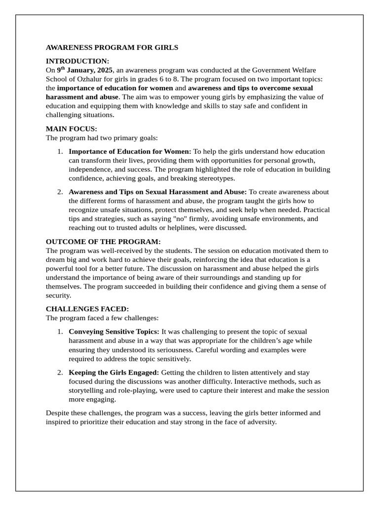 Girls Empowerment Awareness Program | PDF | Female Education | Cognition