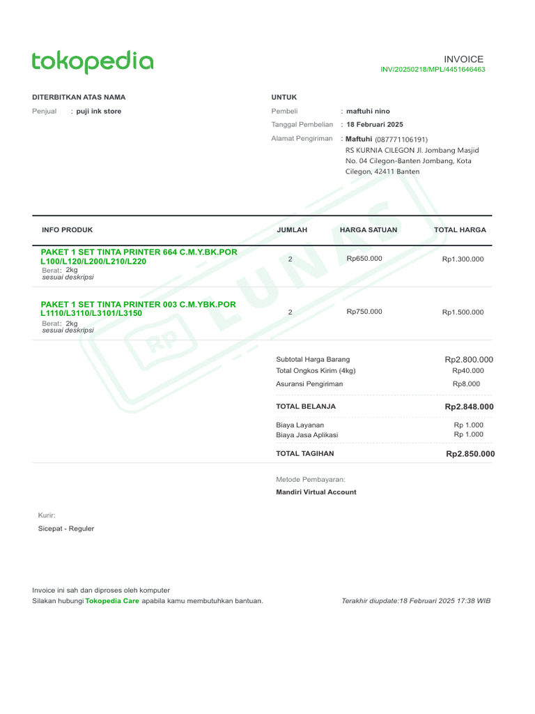 Invoice Pembelian Tinta Printer 2025 | PDF