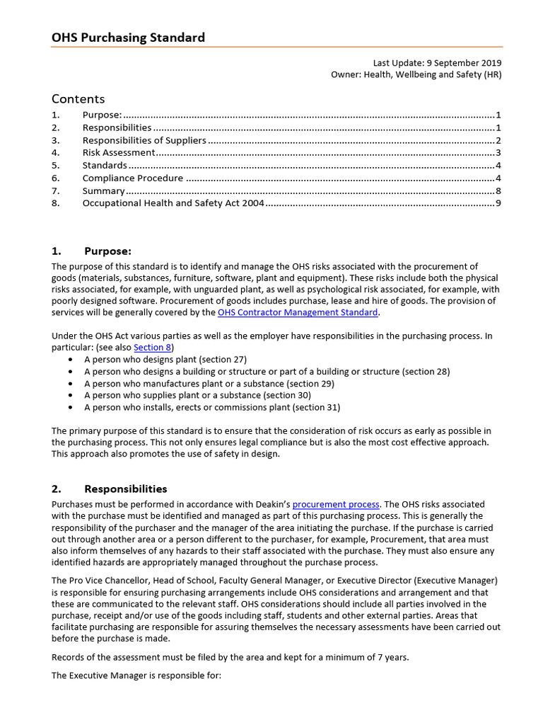 OHS Purchasing Standard Overview | PDF | Occupational Safety And Health ...