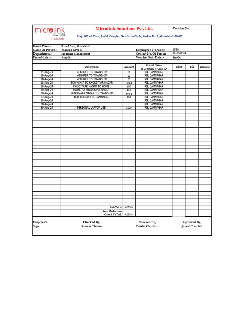 Expense Report for RIL, Jamnagar | PDF