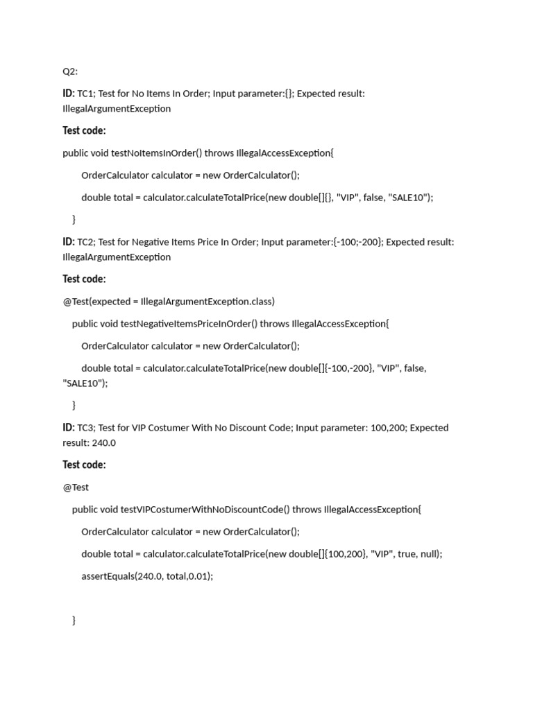 OrderCalculator Test Cases Summary | PDF