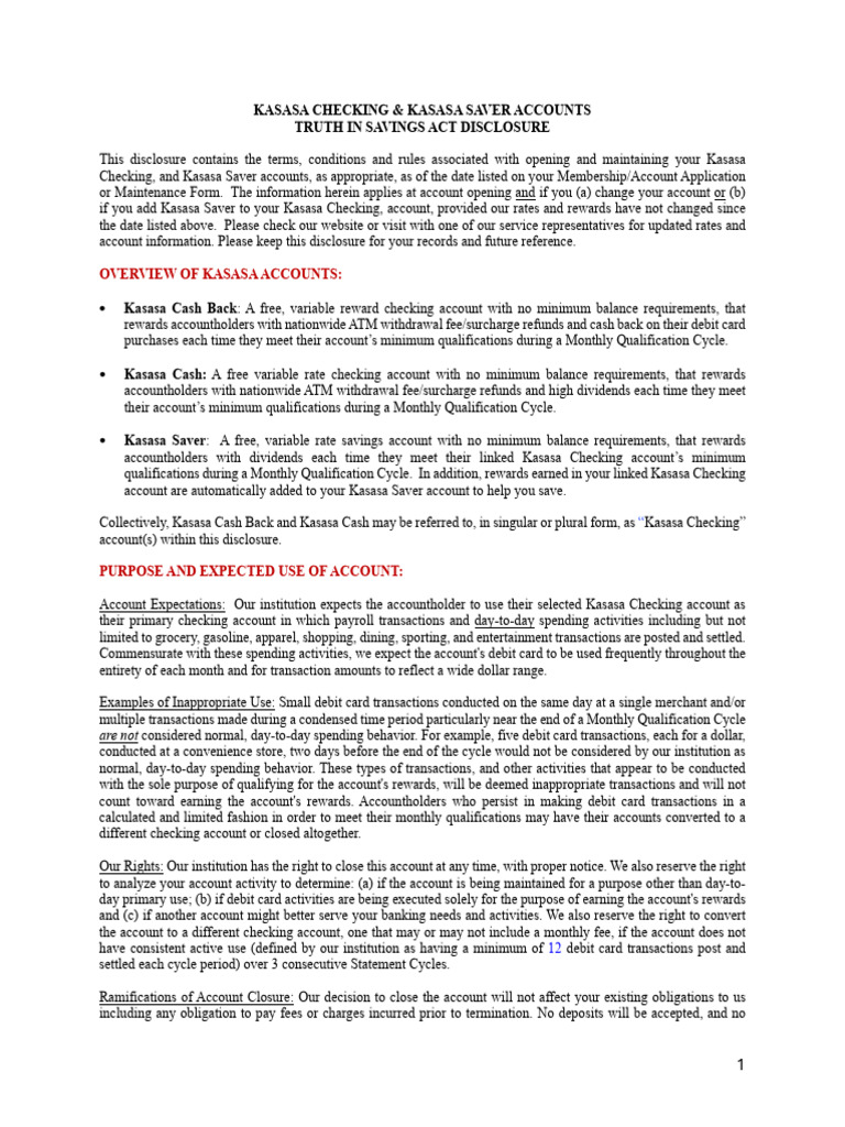 Kasasa Disclosure 132025 | PDF | Credit Card | Transaction Account