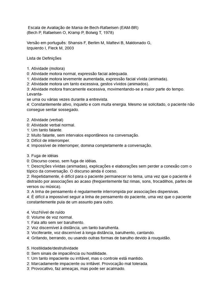 Escala de Mania Bech-Rafaelsen: Avaliação | PDF