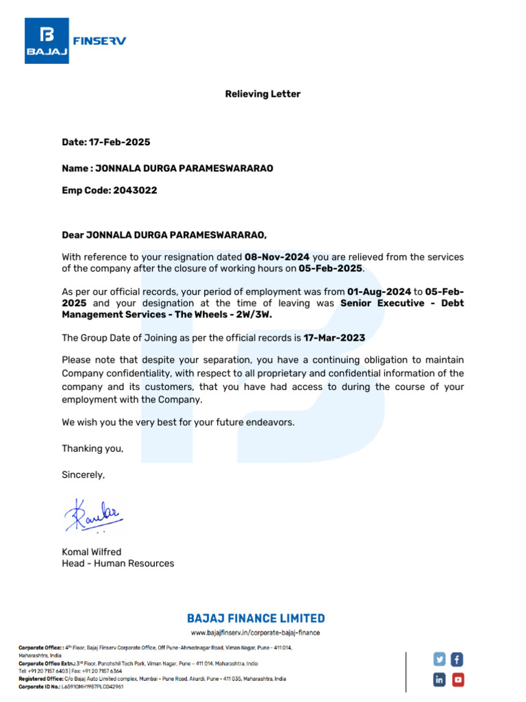 Relieving Letter - (2043022) | PDF