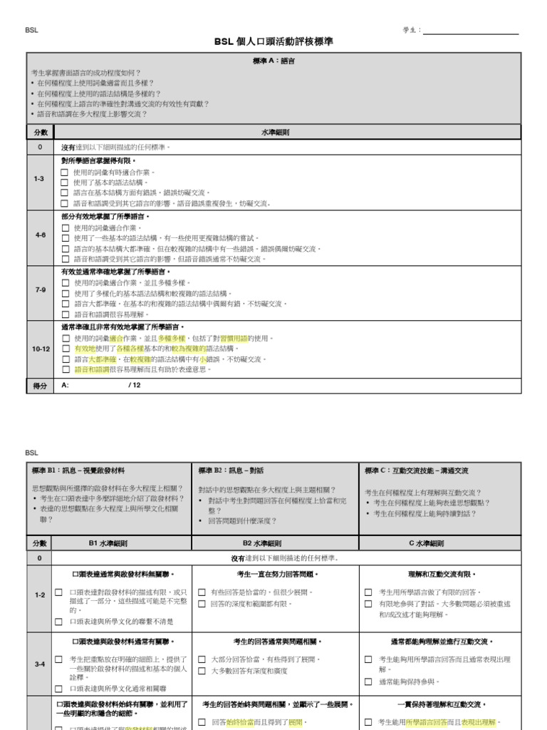 BSL Oral Assessment Criteria | PDF | Communication | Grammar