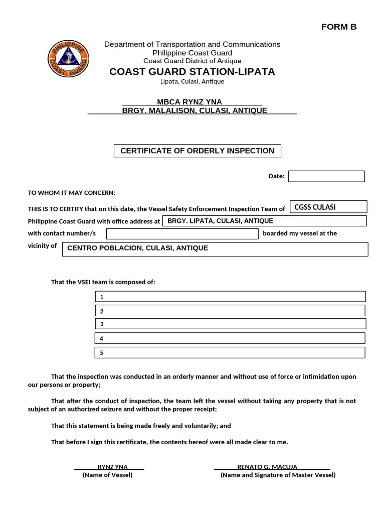 Certificate of Orderly Inspection - Lipata | PDF