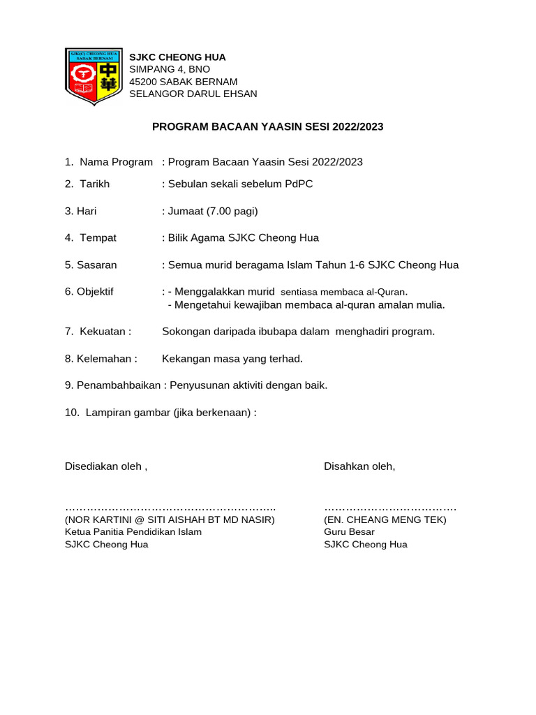 Program Bacaan Yaasin 2022/2023 SJKC | PDF