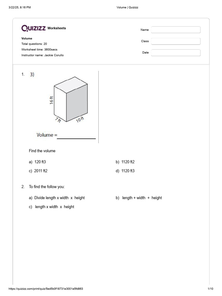 Volume Worksheets for Students | PDF | Volume | Polytopes