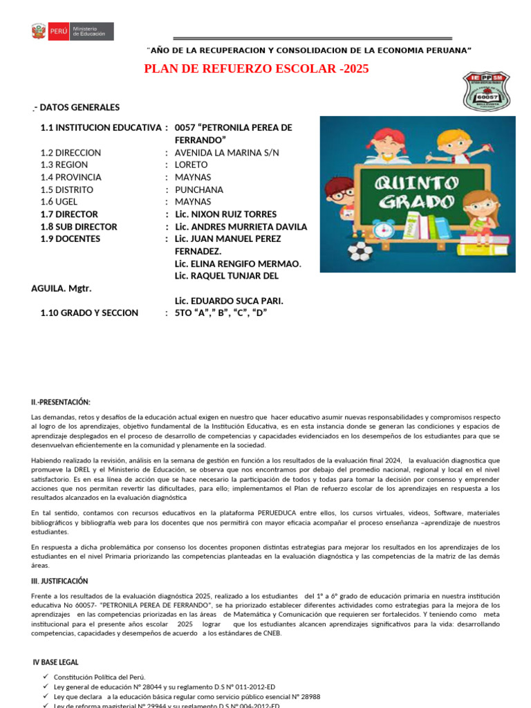 Plan de Refuerzo Escolar 2025 Primaria | PDF | Enseñando | Educación ...