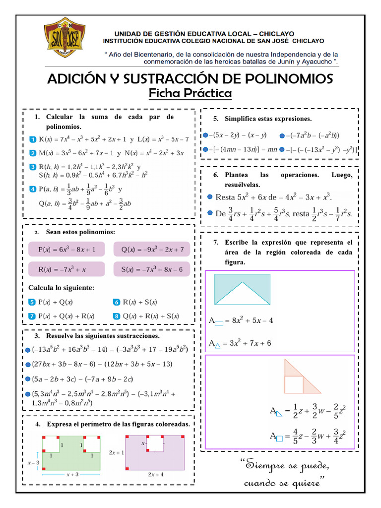Adición y Sustracción de Polinomios-Ficha Práctica | PDF