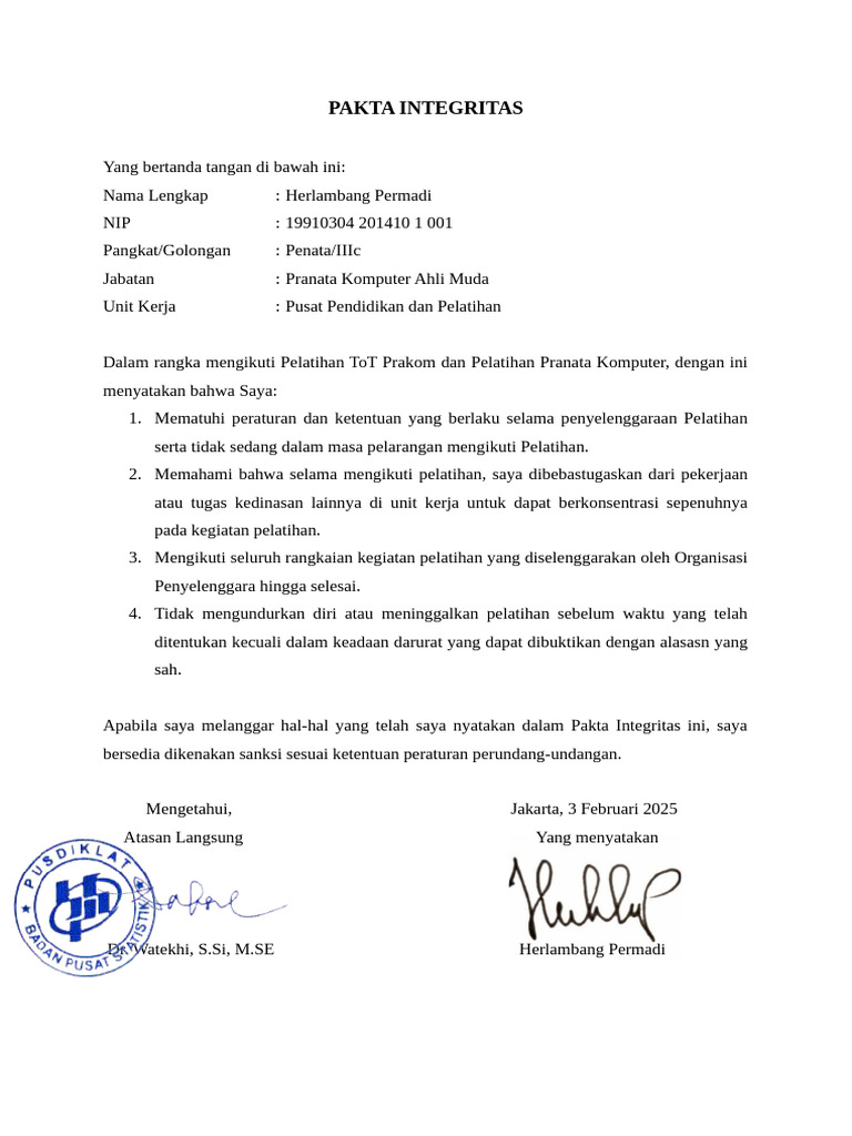 Pakta Integritas Pelatihan Komputer | PDF