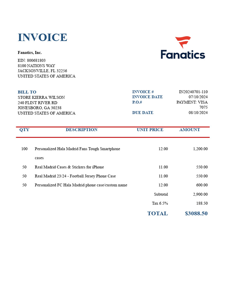 Invoice for Fanatics Merchandise Order | PDF