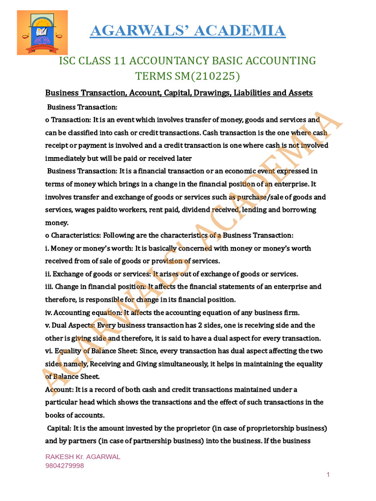 Class 11 Accountancy: Basic Terms Guide | PDF | Expense | Debits And ...