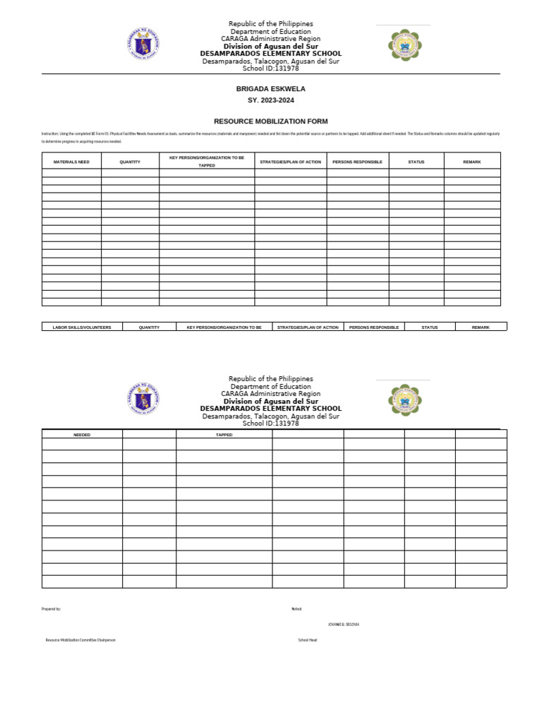 Brigada Eskwela Resource Mobilization Form | PDF
