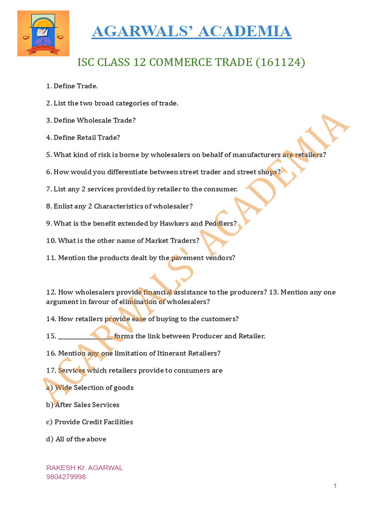 Isc Class 12 Commerce Retail Trade Test | PDF