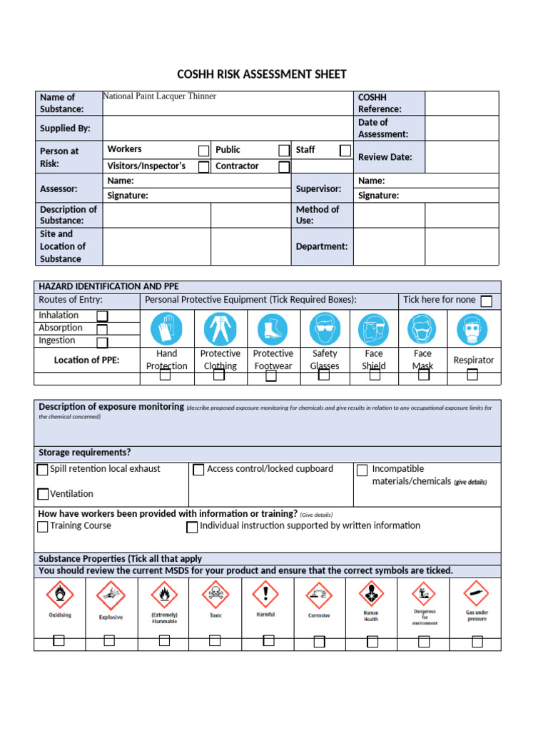 COSHH Risk Assessment for Paint Thinner | PDF | Personal Protective ...